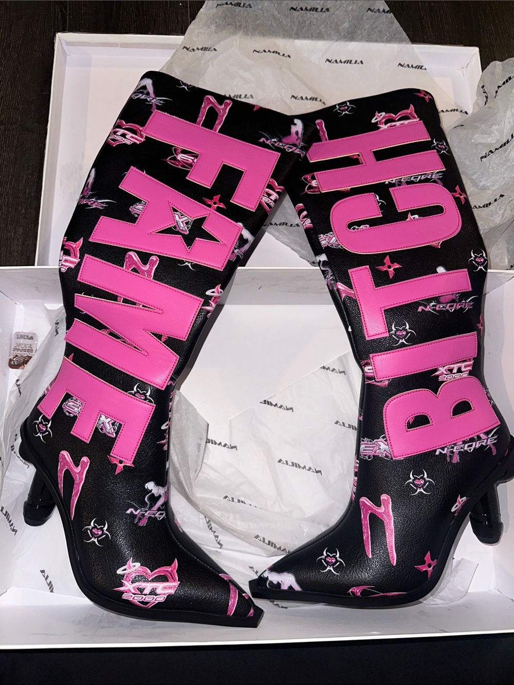 Namilia Black & Pink Statement Knee-High Boots - Bold Graphic Design